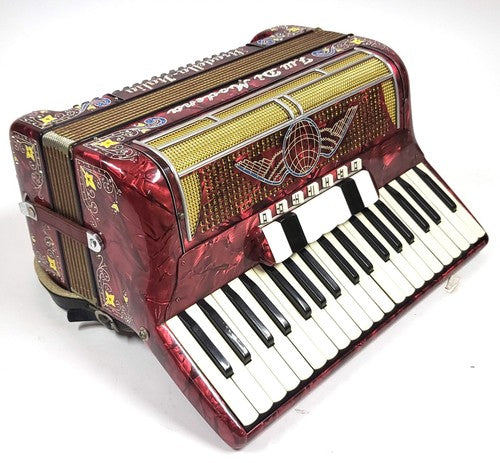 Vintage Stradella Italia accordeon, rood, met koffer en bladmuziek