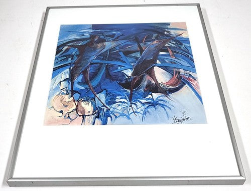 Vintage Bernadette Leijdekkers – abstract schilderij in blauwtinten, ingelijst, 1995