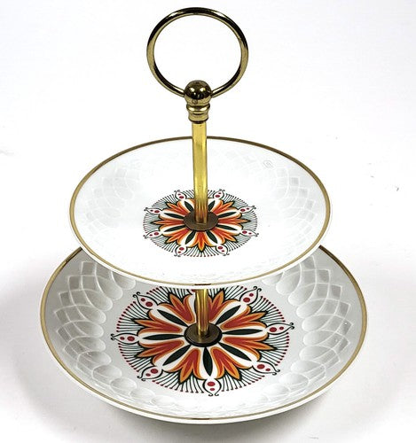 Vintage porseleinen etagère met twee etages, oranje bloemen en goudrand