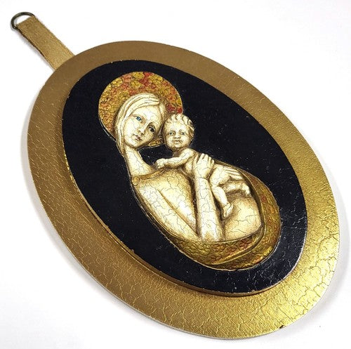 Vintage Silex wandplaquette Maria, 3D-houtsnijwerk beschilderd