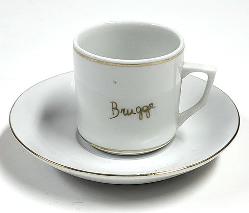 Vintage espressokopje en schotel 'Brugge' met gouden opschrift