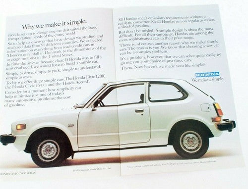 Vintage Honda Civic advertentie 'We Make It Simple' uit 1978, dubbele pagina