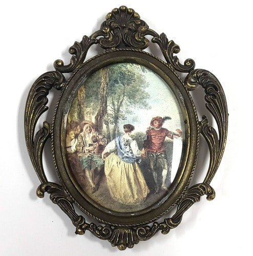Vintage ovale prent in sierlijke messingkleurige lijst, klassiek dansgezelschap
