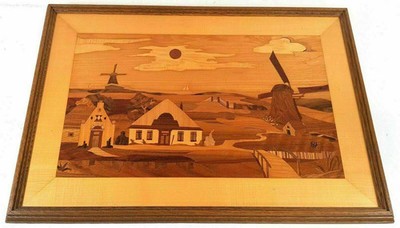 Vintage ingelijst houten inlegwerk met Hollandse molens