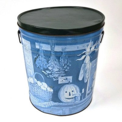 Vintage Jane Phillips opbergblik in blauw folk-artontwerp, met deksel en handvatten