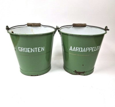 Vintage groene emaille emmers, set van 2, Groenten en Aardappelen